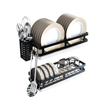 Imagem de Virgorack Escorredor de pratos, escorredor de pratos de aço inoxidável montado na parede, armazenamento de cozinha com escorredor de pratos e suporte para pauzinhos pendurados (2 camadas)