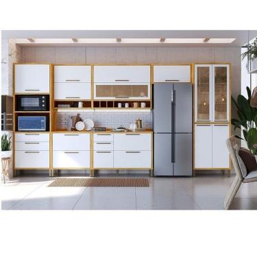 Imagem de Cozinha Modulada Completa 7 Peças 14 Portas E Vidro Reflecta 429cm 100% Mdf Vicenza Espresso Móveis Amêndoa-branco
