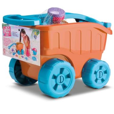 Imagem de Carriola De Praia Laranja Com Rodinha 10 Peças Kit Completo Baldinho Regador Peneira Pazinha Rastelo Forminhas Infantil