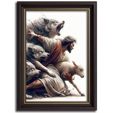 Imagem de Arte de parede em tela vintage com moldura dourada Jesus e Cordeiro Jesus Salva a Ovelha Perdida Imagem Cristã Decoração de Parede Pastor Proteja um Cordeiro de Lobos Pintura Pôster Impressão Arte