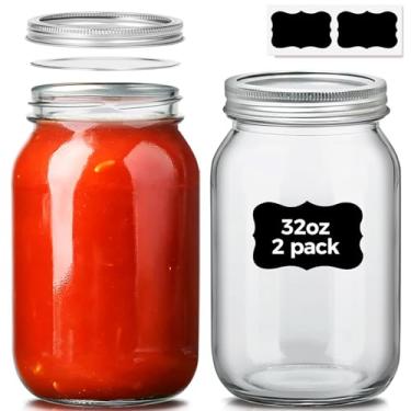 Imagem de ComSaf Potes De Vidro Boca Larga 32 Oz Com Tampas, 2 Peças, Faixa Vedação 1 Litro, Grandes, Recipientes Grandes Para Conservas Picles, Geleias, Molhos, Salsa, Fermento Natural, Sucos, Chás Sol, Arma
