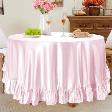Imagem de Entisn Toalha de mesa redonda com babados de 300 cm, capa de mesa de cetim rosa inclui acabamento de 12 cm para mesa de 152 a 232 cm, lavável e resistente a amassados, decoração sedosa para banquete