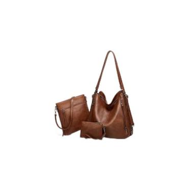 Imagem de Kit 3 Peças Bolsa Feminina com Alça Trançada, Couro Sintético, Caramelo, Conjunto Bolsa Grande 30x27x11cm, Bolsa Média Transversal, Necessaire