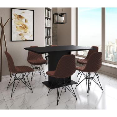 Imagem de Mesa Jantar Londres Retangular Preta 137X90Cm 6 Cadeiras Estofadas Caramelo Ferro Preto
