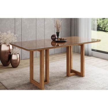 Imagem de Mesa De Sala Jantar Yara Sc79 C/ Tampo Madeirado C/ Vidro Curvo 160x90cm Nature - Henn