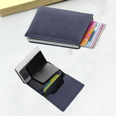 Imagem de Carteira masculina pop up, fina, com bloqueio de RFID, porta-cartões de crédito, inteligente, minimalista, serve para 6 cartões, bolso frontal, bolso traseiro, porta-cartões inteligente, Azul, Casual