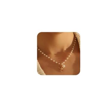 Imagem de BOOZIQ Conjunto de colar com pingente de estrela-do-mar dourado para mulheres, brincos e pulseira de pérolas barrocas, verão, oceano, praia, sereias, joias para mulheres, Choker Length, Liga de aço