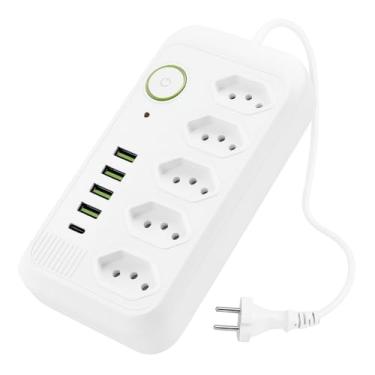 Imagem de Filtro de Linha Torre, 5 Tomadas e 4 USB, Plástico ABS, Preto, Design Vertical, Proteção Contra Surtos 1200J, Cabo 1.5m, para Escritório