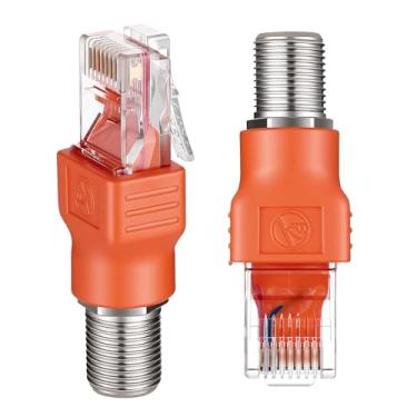 Imagem de Alrhso Adaptador coaxial para Ethernet, 2 peças tipo F fêmea para RJ45 macho conversor coaxial, laranja F fêmea para RJ45 macho Ethernet, conector coaxial reto, conector coaxial reto
