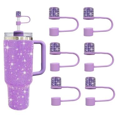 Imagem de JIASHEBDE Conjunto de acessórios para Stanley Cup, 6 peças, capa de canudo de diamante brilhante, tampa de canudos para Stanley 30 e 1,134 g com copos, acessórios de tampa de 1 cm para copo (roxo, 6