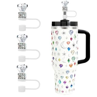 Imagem de Conjunto de 3 peças de enfeite de palha de strass para acessórios Stanley Cup, coroa brilhante e capas de silicone de diamante para copos de 850 g 1,134 g, tampas de palha reutilizáveis à prova de
