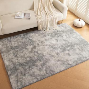 Imagem de ThreadGlobe Tapete felpudo premium 1,8 m x 1,8 m, tapete de pelúcia cinza tie-dye ultra para sala de estar, tapetes antiderrapantes para quarto e berçário, decoração de piso luxuoso de toque suave
