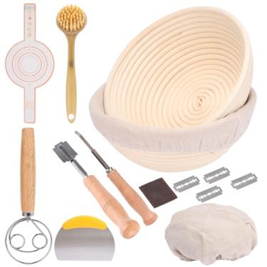 Imagem de Conjunto de cesta de pão banneton premium de 23 cm – dois tecidos de vime indonésio com, misturador de massa, kit inicial de massa fermentada e tapete de cozimento - perfeito para padeiros caseiros e