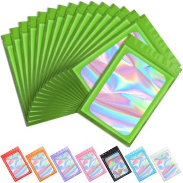 Imagem de 100 unidades de sacos holográficos verdes Mylar, sacos de embalagem, bolsa transparente e resselável, bolsa de alumínio para armazenamento de alimentos e brilho labial, joias, embalagem de cílios para