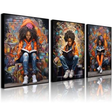 Imagem de Conjunto de arte de parede em tela com 3 peças, arte moderna de leitura afro-americana, arte colorida, estilo grafite, impressão inspiradora, galeria de pintura, em tela, para sala de estar, quarto