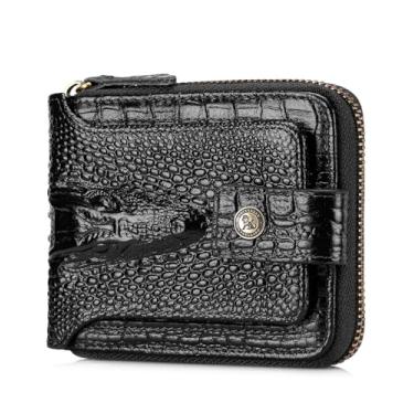Imagem de Carteira masculina de couro genuíno com estampa de crocodilo leão de aço com grande capacidade para documento de identificação com bolso para moedas com zíper, Preto, Moda e lazer