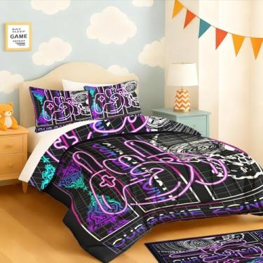 Imagem de yompray Jogo de cama com controle de jogo, macio, leve, fofo, para crianças, adolescentes, jogos, decoração de quarto, tamanho casal, 3 peças (1 edredom + 2 fronhas)