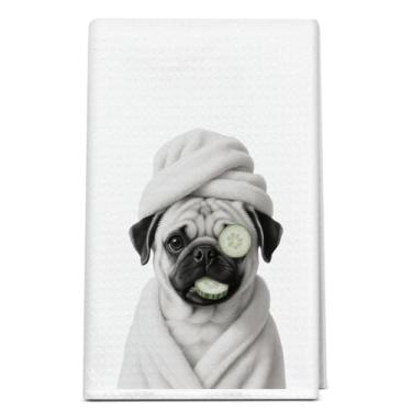 Imagem de bxtala Toalha de cozinha para cães pug, presentes engraçados para amantes de pugs donos de cães mulheres, toalhas de cozinha para decoração de pug, toalhas de mão de prato de chá para banheiro