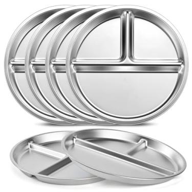 Imagem de HOEGMST Pacote com 6 pratos divididos de aço inoxidável, placas antiderrapantes de 23 cm para adultos e crianças, conjunto infantil inquebrável para uso interno e externo para festa, casa, prata