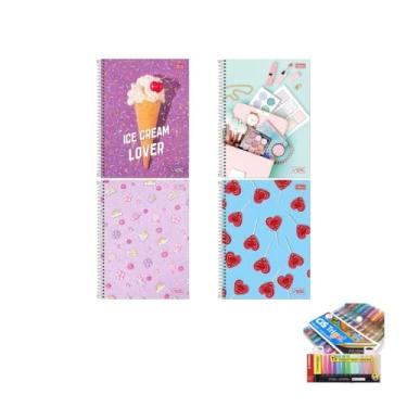 Imagem de Kit Caderno Universitário Vibe Feminino 1M 80F Tilibra + Caneta Trigel Metálica 10 Cores + Marca Texto Boss 15 Cores