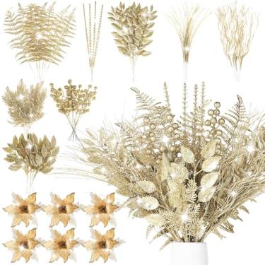 Imagem de 60 peças de decorações de árvore de Natal, champanhe, palitos e sprays de Natal, 9 estilos, enfeites de Natal de flores de poinsétia com glitter, ramos artificiais, caules de samambaia para encher