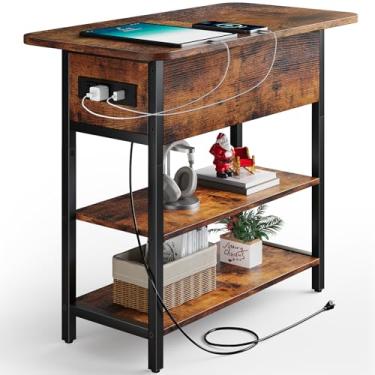 Imagem de Mesa de canto Yoobure com estação de carregamento, mesa lateral com tampo dobrável, entradas USB e tomadas, mesa de cabeceira/sofá estreita com prateleiras para espaços pequenos, quarto, sala de estar