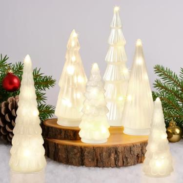 Imagem de Riakrum 6 peças, árvore de Natal de vidro com luz branca, 30 cm, 20 cm, vidro mercúrio, decoração de árvore de Natal, pequenas estatuetas de mesa com luzes de LED para casa, festa de Natal, cornija