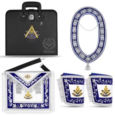 Imagem de Ibiisu Conjunto de regalia bordado à mão Masonic Past Master – Avental, gola, punhos e estojo de transporte premium – Regalia de oficial de loja azul e branco com bordado de lingote de prata