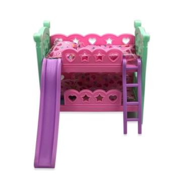 Imagem de Berço de Boneca Beliche com Escorregador, Plástico, Rosa Verde Roxo, 28x31x39cm, com Colchão