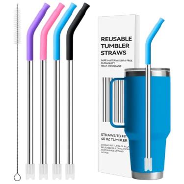 Imagem de Bluwing Canudos de metal com ponta de silicone para copo YETI de 1,2 litros, 4 canudos reutilizáveis de aço inoxidável para YETI de 1,2 l, copo Stanley de 850 g (cor 2)