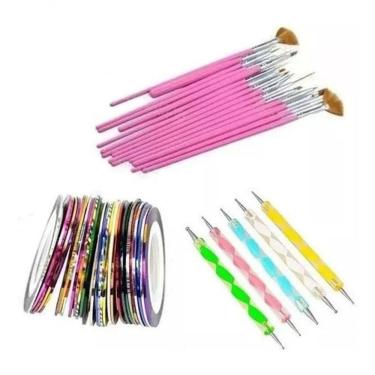 Imagem de Kit Unhas 15 Pincéis + 10 Boleadores + 10 Fitas Metalizadas