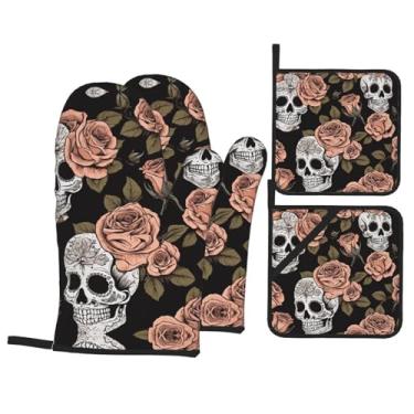 Imagem de Conjunto de luvas de cozinha com estampa de caveira rosa com suportes de tampa, luvas de forno resistentes ao calor para manusear panelas quentes, grelhar, churrascos, kit de 4 peças.