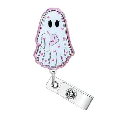 Imagem de Carretel de crachá de fantasma com coração e amor, carretéis de crachá de fantasma, retrátil, com clipe retrátil, suporte de cartão de identificação para dia dos namorados, para enfermeira, médica