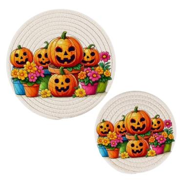 Imagem de Wassud Conjunto de trivet de abóboras alegres para pratos quentes, suportes redondos de algodão, almofadas quentes, porta-copos elegantes, decoração de cozinha e acessórios, 2 peças