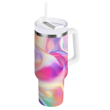 Imagem de Qilmy Copo com estampa de folha de estanho pintada de arco-íris de 1,134 g com tampa e palha, copo isolado de aço inoxidável durável à prova de vazamento com alça, garrafas de água à prova de