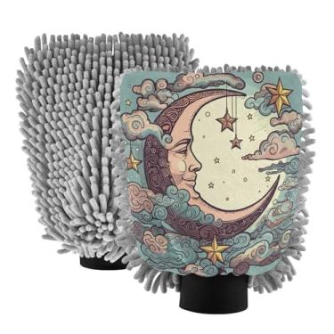 Imagem de STAYTOP Luvas de lavagem de carro Moon and Stars, 2 peças, luvas de microfibra de chenille, sem arranhões, panos de esponja de lavagem ultra absorventes para carros, limpeza doméstica - M