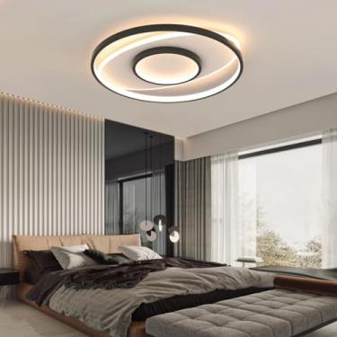 Imagem de Luminária de teto LED moderna de 50W, dimerizável, com controle remoto, design em anel, montagem embutida, lustre de acrílico preto, LED para sala de estar, quarto e cozinha.