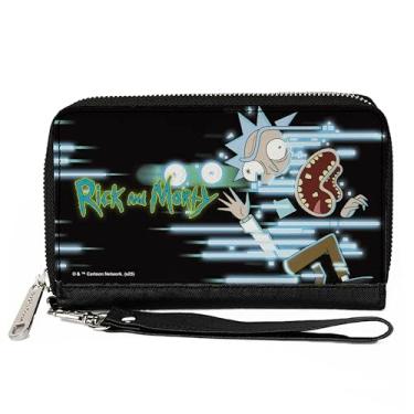 Imagem de Buckle-Down Carteira Rick and Morty, zíper ao redor, pose do Rick Face Glitch e logotipo do título, azul preto, couro vegano