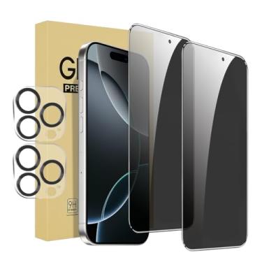 Imagem de Pacote com 2 protetores de tela de privacidade para iPhone 15 Pro [6,1 polegadas] + 2 protetores de lente de câmera com moldura de instalação, compatível com ilha dinâmica, vidro temperado privado