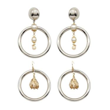 Imagem de 2 pares de brincos modernos banhados a ouro 18 k banhado a ródio feminino, Medium, Metal Plástico, Sem pedra preciosa