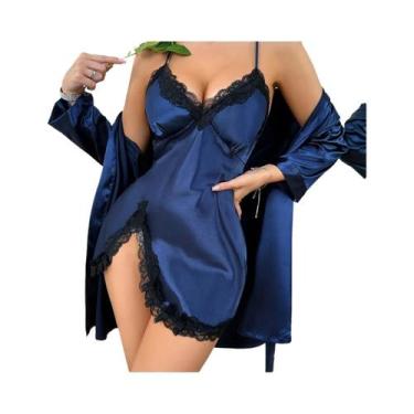 Imagem de Conjunto De Pijama Feminino Em Cetim Liso Com Manga Longa, Robe De Ren