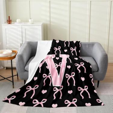 Imagem de Erosebridal Manta de flanela de nó de fita rosa preta 127 x 152 cm para meninas alfabeto geométrico V cobertor de lã presentes amor corações doce menina fada bonito laço microfibra felpudo manta de