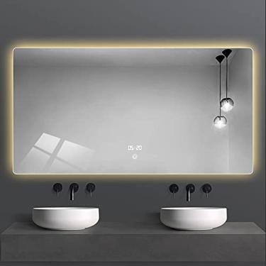 Imagem de TRGCJGH Espelho de banheiro de LED inteligente com luzes, luz regulável de maquiagem antiembaçamento com interruptor de toque, exibição de temperatura de tempo, função anti-embaçamento, A-120 * 75 cm