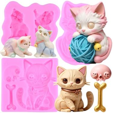 Imagem de MIYAHOUSE Moldes de fondant de gato moldes de silicone para decoração de bolos, topo de cupcake, pasta de goma de chocolate, argila de polímero, conjunto de 3