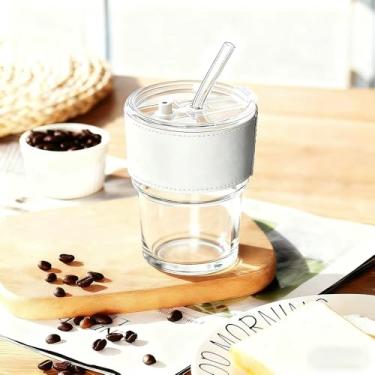 Imagem de Caneca de palha de vidro, estojo de couro com design anti-queimaduras, caneca de café de leite portátil com tampa (branca)