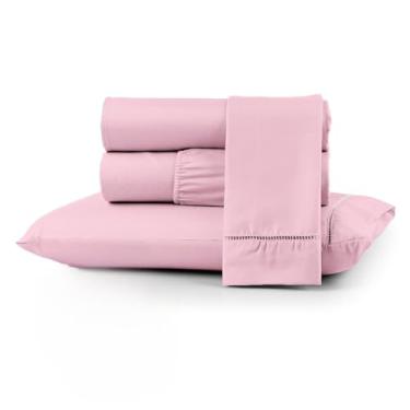 Imagem de Jogo de Cama Macio 400 Fios Versátil para Camas de Casal e Solteiro, Fixação Segura com Elástico(ROSA,KING)