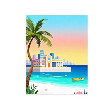Imagem de Pôster paisagem - Prédios árvores praia - Impressões em Tela - Imagem Moderna Natureza para Sala de Estar Decoração 50x65cm Sem Moldura