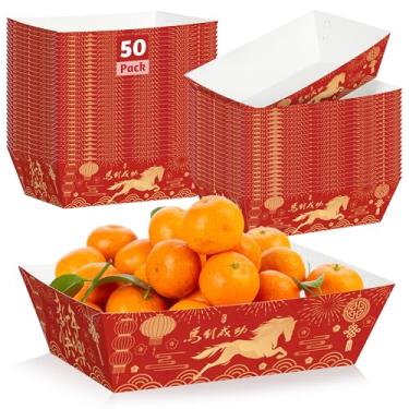Imagem de 50 peças de decorações de ano novo chinês 2026, bandejas de papel para comida do festival da primavera, bandejas descartáveis de doces de ano novo chinês, barcos de comida, decorações do ano do cavalo