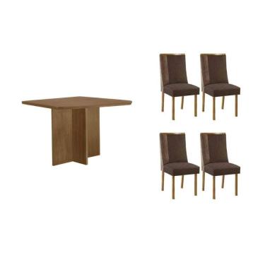 Imagem de Sala Jantar Mesa Berlim Tampo Curvo 90cm+4 Cadeiras Tilia Madeira Naturale - Capuccino/Suede Marrom - Rufato