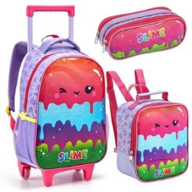 Imagem de Kit Mochila Rodinha Lancheira Estojo Escolar Infantil Menina Feminina Slime Roxo Seanit...